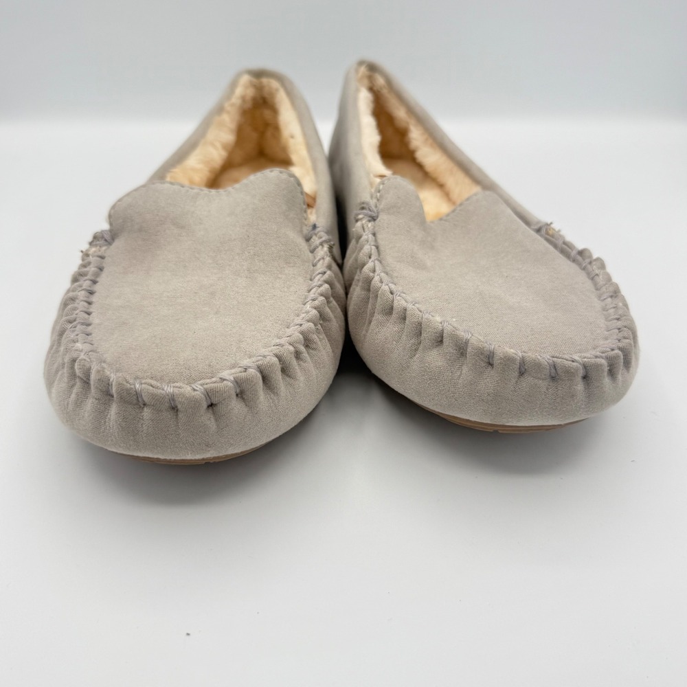Floopi Moccasin Slipper Womens 10 Grey Faux Fur‎ Lined Micro Suede House Shoes - Picture 7 of 9